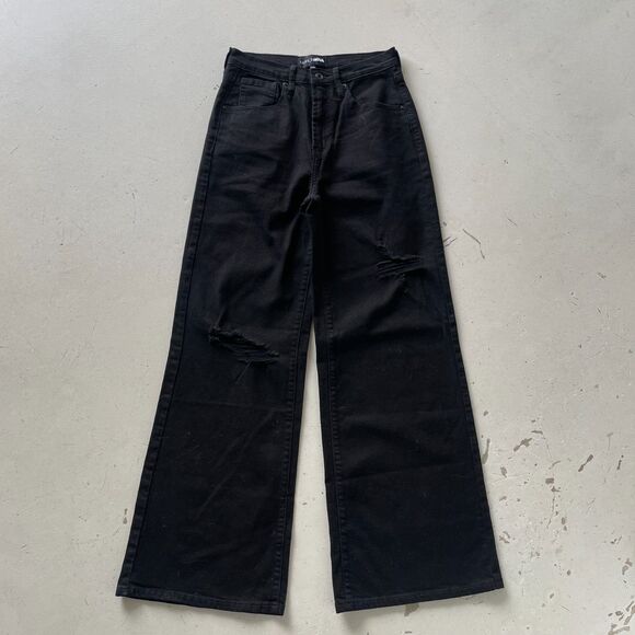 Fashion Nova Denim High Waisted Ripped Flare Leg Jeans Black Size 5 - Picture 1 of 9